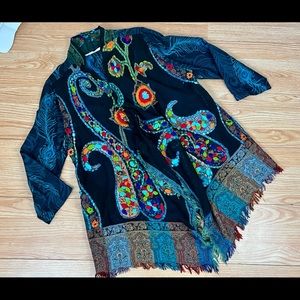 Soft Surroundings Draped Open Cardigan Embroidered Wool Sweater Small Tapestry